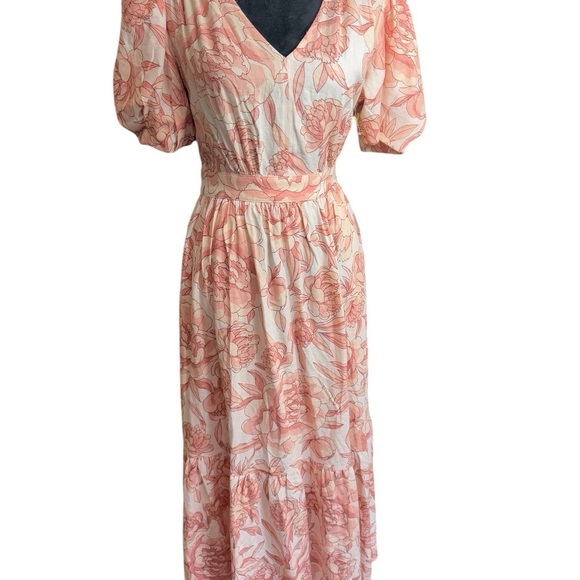 CeCe Linen Blend Puff Sleeve Floral Maxi Dress Peach Pink Garden Print S - Picture 2 of 12